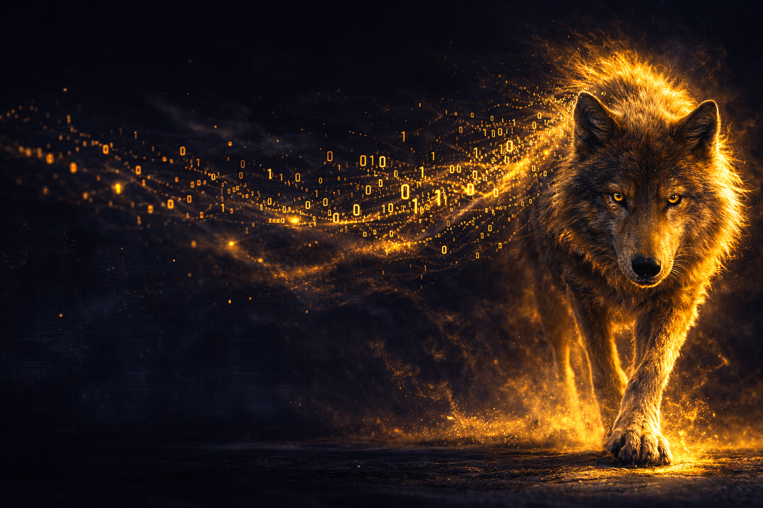 digital wolf walking towards you.